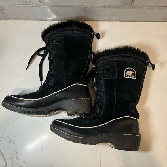 Sorel High Black Suede Mid Calf Lace Up Winter Boots 7 - Picture 6 of 13